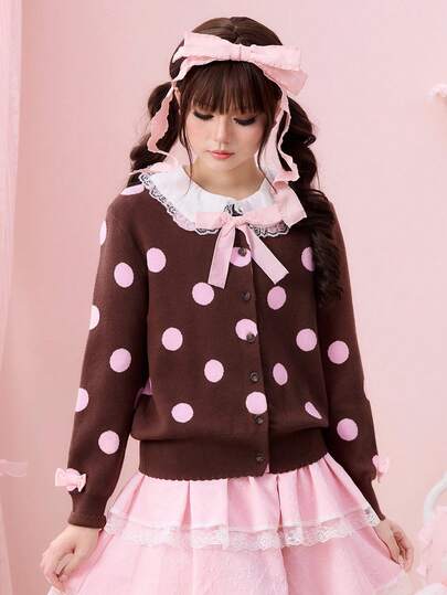 ROMWE Kawaii Vintage prickig kofta med rosett för kvinnor