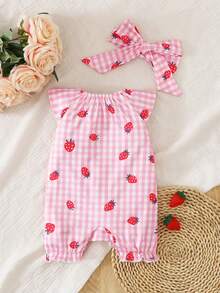 SHEIN Newborn Baby Plaid & Strawberry Print Romper With Bow Headband Set - Baby Pink - View 2