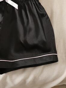 SHEIN Tween Girls' Casual Satin Lapel Button-Up Top And Shorts Pajama Set, Spring/Summer - Black - View 4