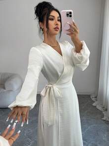 Elenzga Đầm midi nữ bằng vải satin nhăn, cổ chữ V sâu. - Màu be - Xem 6