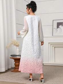 Yasmyna 女士优雅阿拉伯风雪纺连衣裙，采用纹理渐变拼接设计，长袖，立领，A字廓形，春夏款 - 彩色 - 查看 2