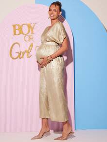 Loomaby Pregnant Women's Metallic V-Neck Batwing Short Sleeve Jumpsuit Dress Gender Reveal Dress Maternity Dress Baby Shower Dress - Gold - View 7