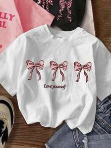 SHEIN 3 件装年轻女孩休闲卡通蝴蝶结印花短袖圆领 T 恤，适合夏季 - 彩色 - 查看 5