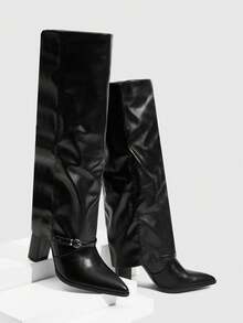 Daringsoles Women's Pointy Sexy Women's Boots Side Zipper Autumn And Winter Boots PU Leather Pants Boots Vacation Party Women's Boots Gorgeous Black Thick Heel Buckle - Black - View 2