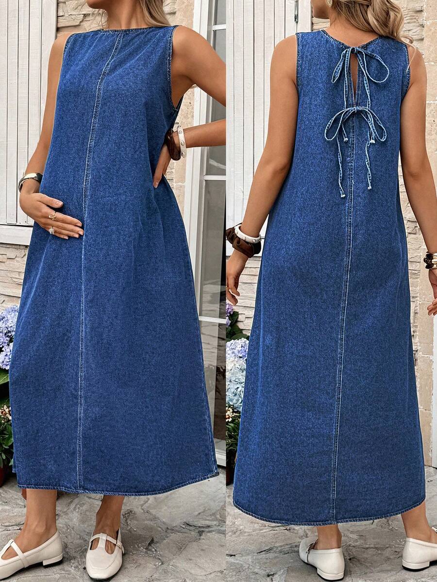 SHEIN Maternity Casual Round Neck Loose Sleeveless Denim Dress, Summer - Blue - View 1