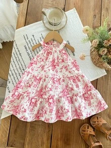 SHEIN 女嬰可愛白色與粉色花卉印花夏季洋裝，休閒無袖太陽裙，適合派對、婚禮、生日與日常穿著 - 粉色 - 查看 6