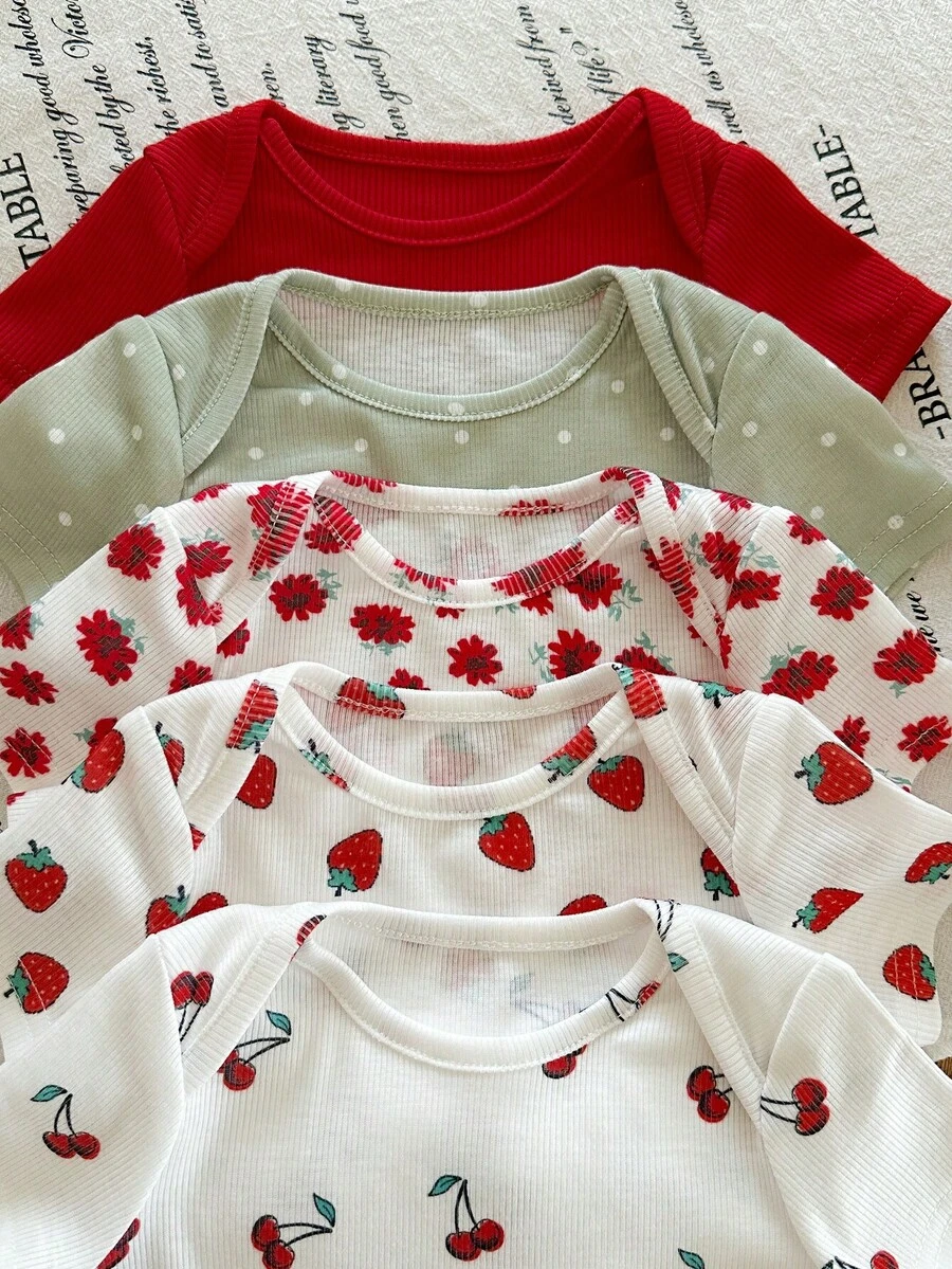 SHEIN LMoss Kids 新生女宝宝夏季可爱针织花卉波点卡通图案短袖连体衣五件套 - 彩色 - 查看 1