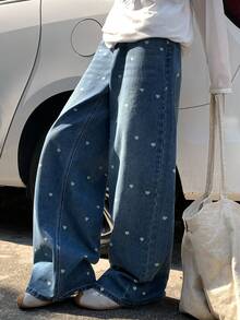 FRIFUL Women's Casual Heart Print Washed Denim Jeans, Suitable For Autumn - Blue - View 3