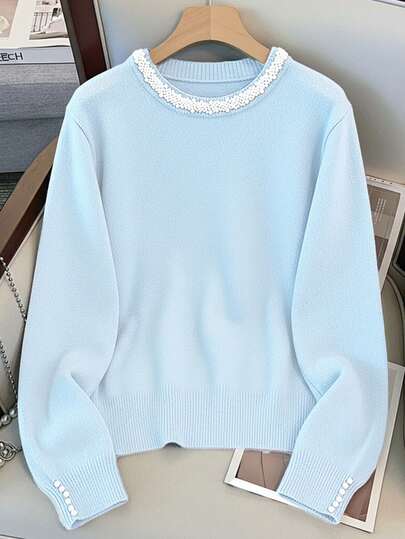 GlowEve CURVE Plus Size Elegant Pearl Embellished Crew Neck Long Sleeve Sweater Baby Blue Tops Women Sweater Cute Sweater Thin Sweater Blue Sweater