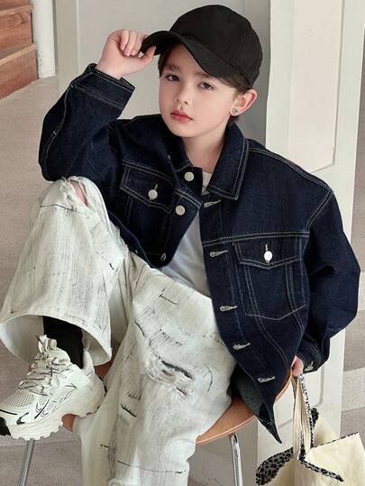 DAZY 青少年男童休闲时尚街头通勤翻盖口袋撞色缝线落肩宽松牛仔夹克，春秋季