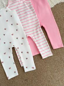 SHEIN 3pcsBaby Girl's Casual, Basic, Versatile Everyday Knitted Jumpsuit, Comfortable, Pink Striped With Bow And Cherry Print, Long Strap, Slim Fit - Multicolor - View 4
