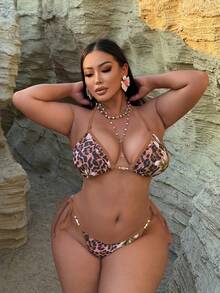 Swim SXY 大码女士多色印花挂脖式文胸，带抽绳隧道和侧系带比基尼泳裤套装，性感休闲海滩度假装 - 彩色 - 查看 3