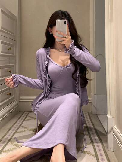 DAZY Women's Soft Cardigan & Tie-Waist Maxi Dress Homewear Set