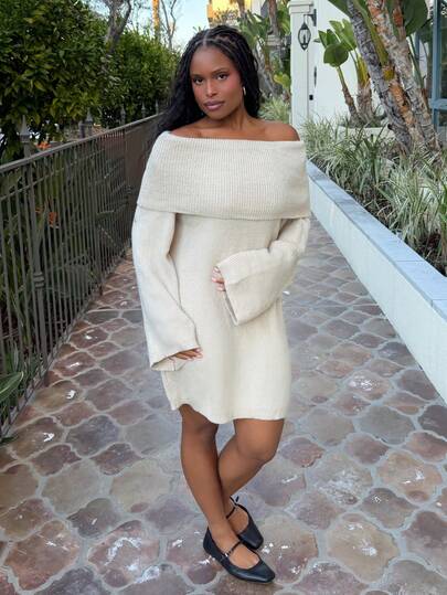 Tyla Gomez Women's Off-Shoulder Lantern Sleeve Loose Straight Casual Sweater Dress, Autumn/Winter, Solid Color Fall Cloth For Women