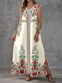 女士V领印花复古波西米亚风无袖连衣裙，适合春夏季海滩度假、春假、波西米亚热带岛屿婚礼周年纪念伴娘派对等场合。 - 彩色 - 查看 4