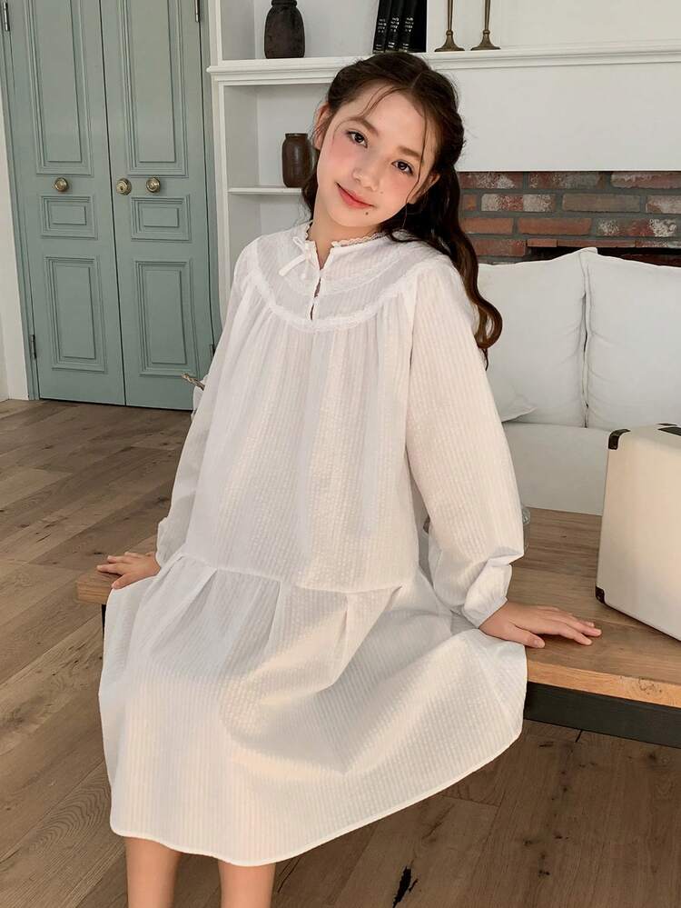 Tween Girl Solid Color Button Ruffle Hem Long Sleeve Dress