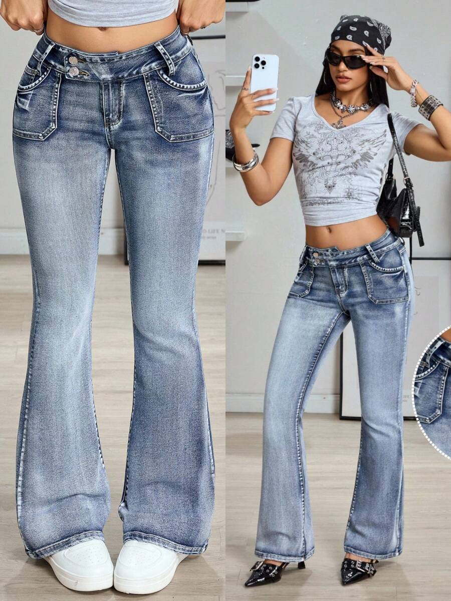 Jeanoix Quần jeans nữ ống loe cạp thấp ôm sát thời trang đa năng kiểu Y2K có túi - Rửa trung bình - Xem 1