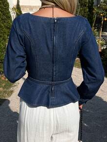 DAZY Women's Boat Neck Cinched Waist Waist Ruffle Hem Elegant Pullover Denim Top - Medium Wash - View 4