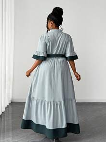 Maweii Plus Size Women's Summer Elegant Modest Black And White Tea Party Olive Green Striped Patchwork Stand Collar A-Line Dress With Belt,Business Office - Dark Green - View 2