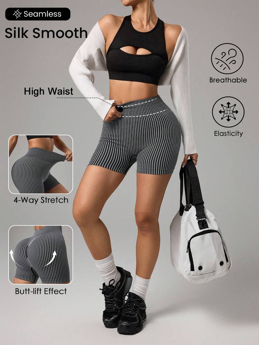 Dewbera 无缝运动短裤，条纹性感提臀短裤，运动短裤 - 黑與白 - 查看 1