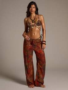 Aloruh 女士比基尼套装，性感优雅的扎染热带植物印花波西米亚风串珠装饰迷你吊带背心搭配可调节侧系带迷你丁字裤比基尼套装，海滩度假装 - 咖啡棕 - 查看 3