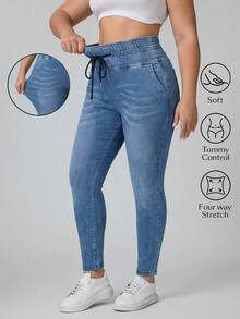 SHEIN Essnce 大码纯色简约休闲牛仔裤 - 藍色 - 查看 1