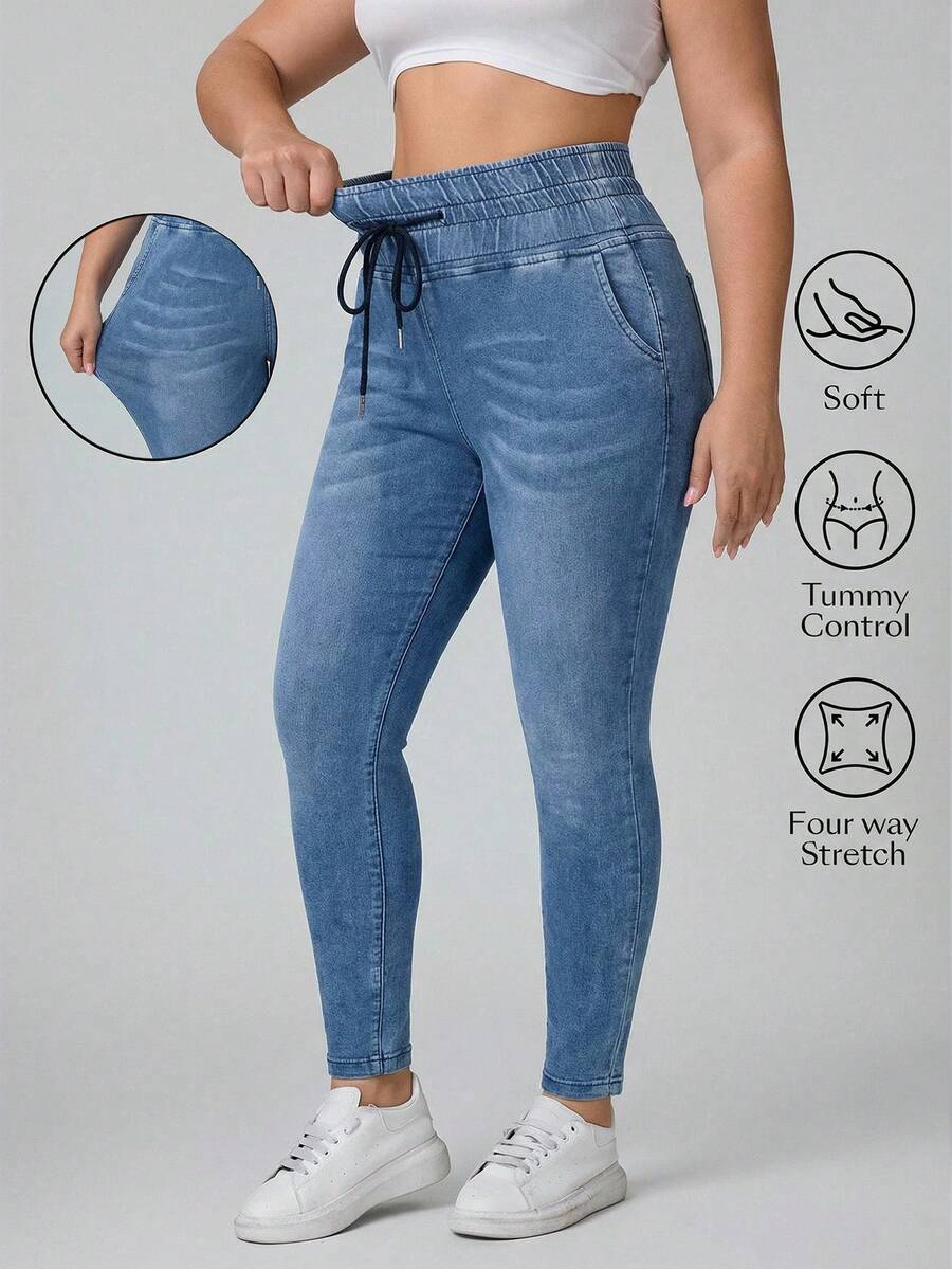 SHEIN Essnce 大码纯色简约休闲牛仔裤 - 藍色 - 查看 1