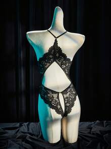SpicyHot Women's Sexy Sheer Hollow Out Halter Lace Jumpsuit - Black - View 2