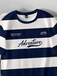 Manfinity Joysei Áo thun nam cổ tròn tay ngắn dáng rộng thoải mái, họa tiết sọc tương phản, phong cách sinh viên Mỹ cổ điển, thích hợp cho hẹn hò, tụ họp, là trang phục thiết yếu, phù hợp cho cặp đôi, gia đình, món quà tuyệt vời cho bạn trai. - Xanh và trắng - Xem 2