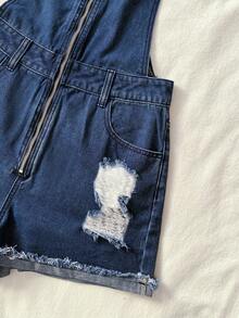 Elamini Women's Casual Fashion Street Chic Daily Commute Zip-Up Ripped Raw Edge Cuffed Hem Denim Romper - Blue - View 3