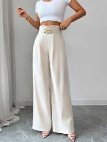 SHEIN Elenzya 女士花卉腰部设计弹力腰阔腿裤，优雅迷人，适合度假、日常、法式休闲、通勤、商务、浪漫约会、早春/春夏穿着，杏色 - 米色 - 查看 4