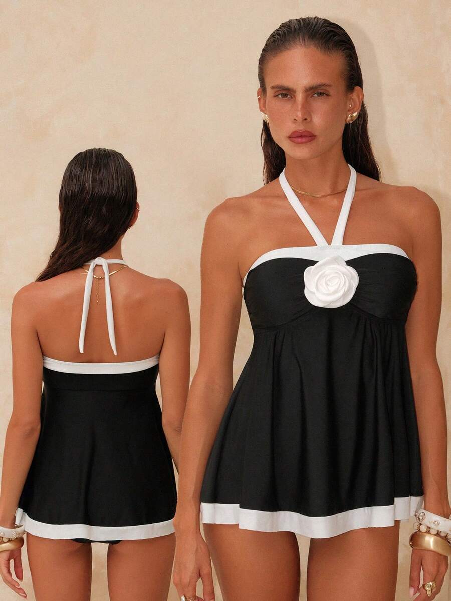 Swim Chiccia 2pcs Black & White Contrast Spaghetti Strap Front Ruched Design Women Camisole Bikini Top - Black and White - View 1