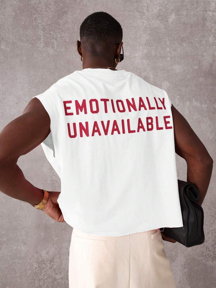 Canotta oversize da uomo con bordi grezzi e stampa grafica con slogan "Emotionally Unavailable", maglietta senza maniche con dichiarazione