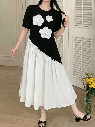 Tween Girls' Elegant Color Block Floral Decor Sleeveless Dress, Summer