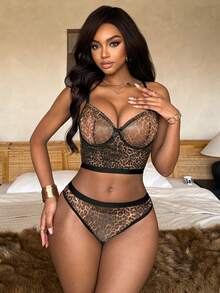 2pcs Women Leopard Print Milk Silk Elastic Comfortable Wireless Bra & Panty Set, Thin Cup Gather Sexy Lingerie Set - Multicolor - View 4