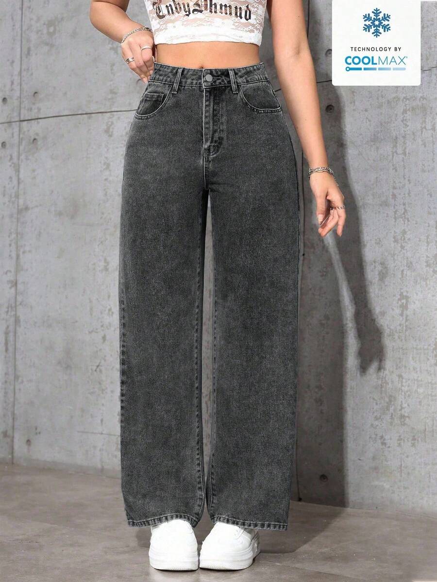 Jeanoix 女士休闲直筒口袋牛仔裤 - 深灰色 - 查看 1