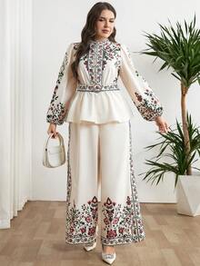 Modelyn Plus Size Elegant Floral Print Ruffle Hem Lantern Sleeve Top And Pants 2 Pieces Set, Autumn Modest Outfits For Women 2 Pieces Latest Outfit For Women - Multicolor - View 5