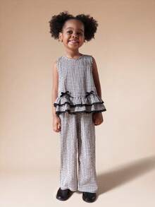 SUMWON Gingham Checked Peplum Tank Top And Wide Leg Palazzo Pants Set With Black Lace Trim For Summer For Valentine's Day Festive Occasionwear For Casual And Vacation - Black - View 7