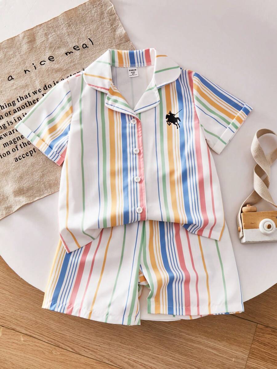 SHEIN Casuvi Kids 2pcs Set - Collared Short Sleeve Striped Shirt With Colorful Prints, Paired With Loose Shorts, Suitable For Casual Daily Wear In Spring/Summer - Multicolor - View 1