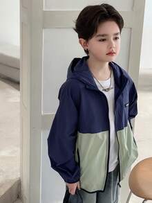 DAZY Tween Boy Letter Graphic Contrast Color Zipper Front Casual Hoodie Jacket - Navy Blue - View 6