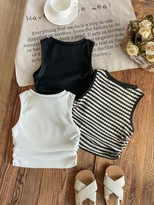 SHEIN 3件套少女针织圆领褶皱休闲背心套装 - 彩色 - 查看 2