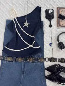 Rina Fox Casual Fashion Woven Strap Asymmetric Sleeveless Women Top - Navy Blue - View 5