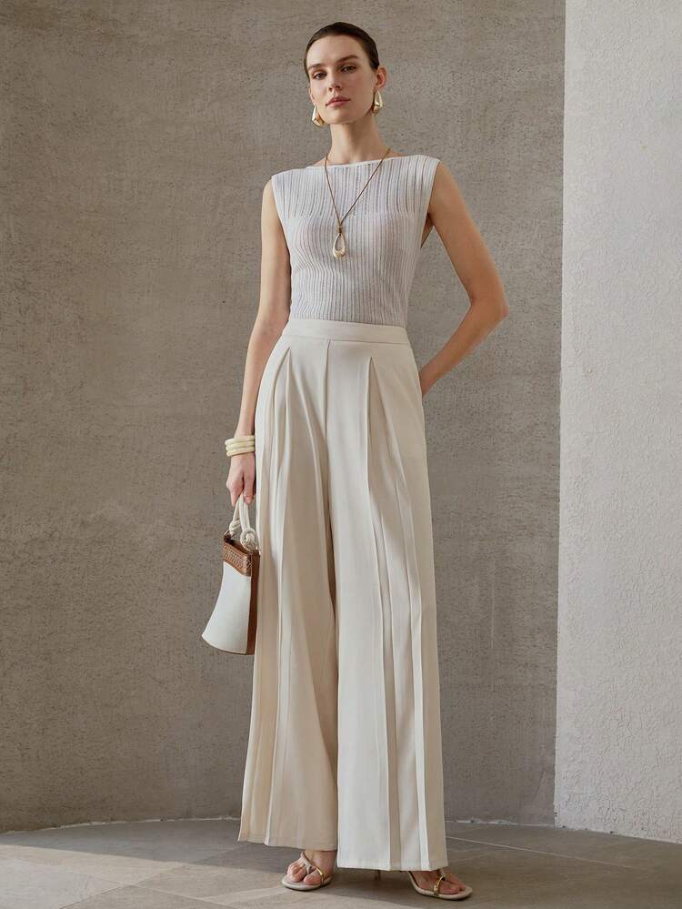 WOMEN'S SOLID FOLD PLEATED WIDE LEG OFFICE SUIT PANTS
