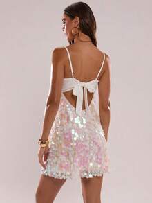 SHEIN BAE Đầm ngắn hai dây hở lưng đính sequin dành cho nữ, thời trang mùa hè. - trắng - Xem 2