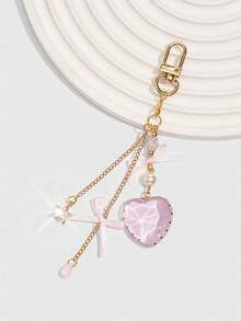 ROMWE Kawaii 1件甜美芭蕾蝴蝶结心形钻石星星吊坠包包挂饰，情人节心形钥匙扣/手机挂饰，情人节、生日、节日的绝佳礼物 - 粉色 - 查看 5