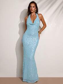 SHEIN BAE Women's Fashionable Party Sequin Backless Halter Dress - Baby Blue - View 5