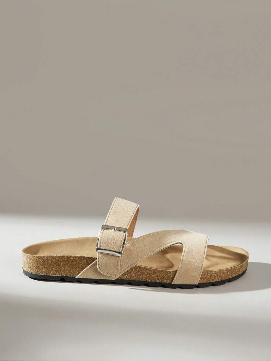 Solecia Women Shoes Summer Single Buckle With Apricot Round Head Thick Bottom, Personalized Suede Brown And Black Slippers Daily Out Of The Street - Apricot - View 1