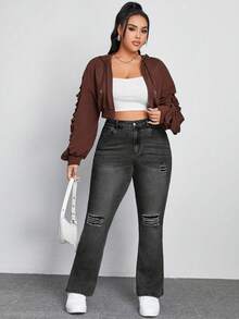SHEIN ICON Pantalones acampanados de mezclilla negra elástica de talla grande con agujeros rotos y diseño de abertura - Gris Oscuro - Ver 4
