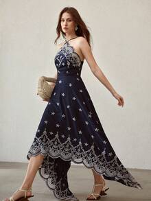 MOTF PREMIUM WOMEN'S NAVY BLUE EMBROIDERED ASYMMETRICAL HEM MIDI DRESS WITH HALTER NECK - Navy Blue - View 6