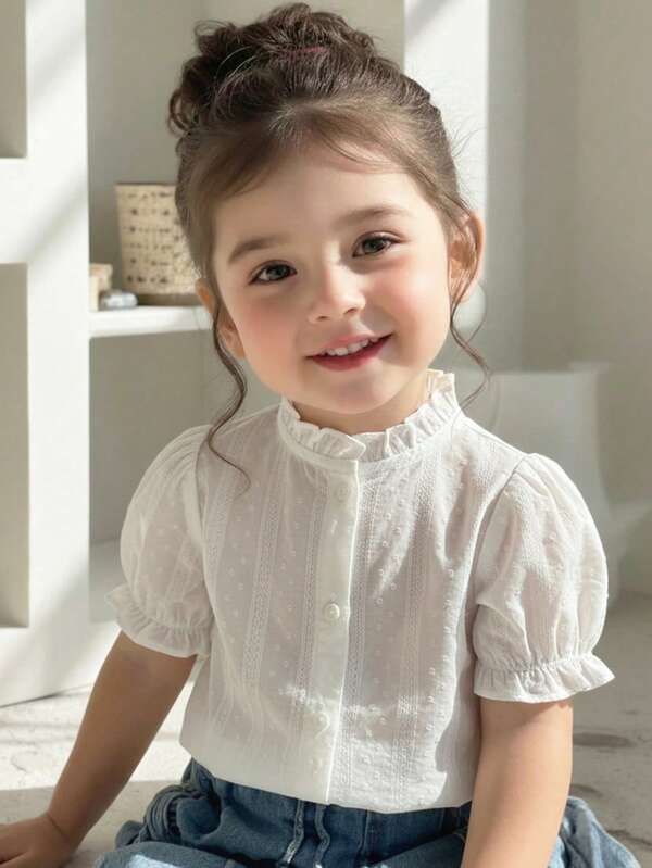 Baby Girls' White Textured Short Sleeve Casual Shirt, Suitable For Outings, Leisure At Home, And Party Attendance